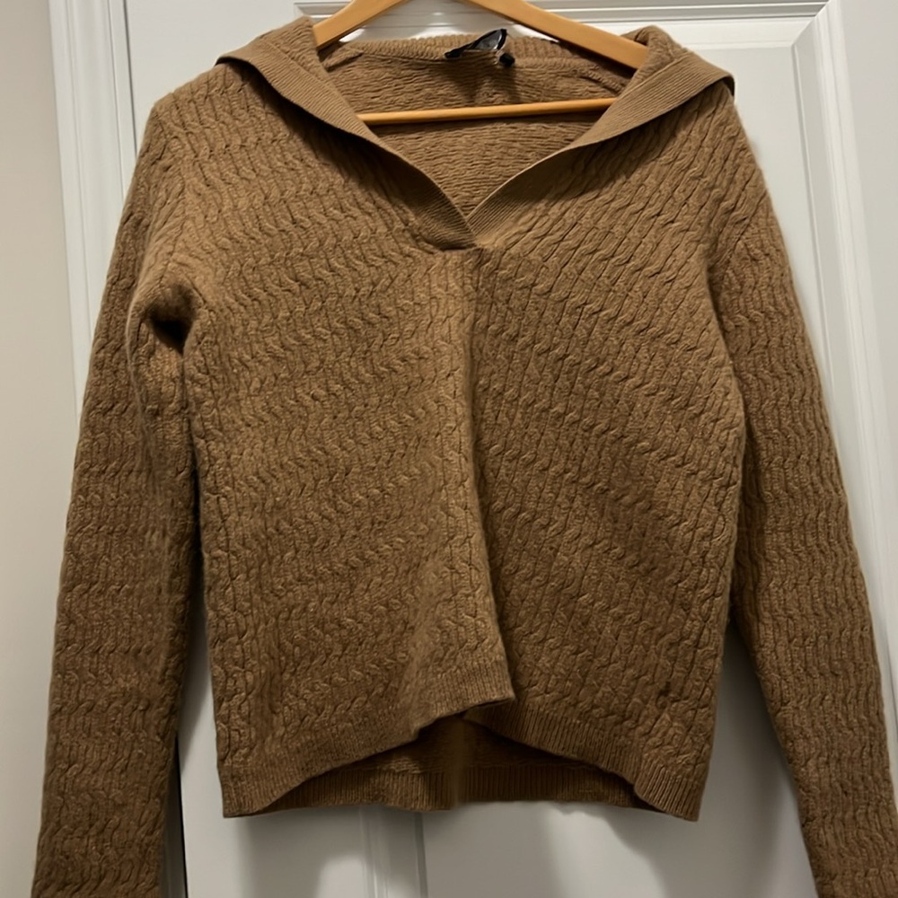 Theory Tan V-Neck Cable Knit Sweater